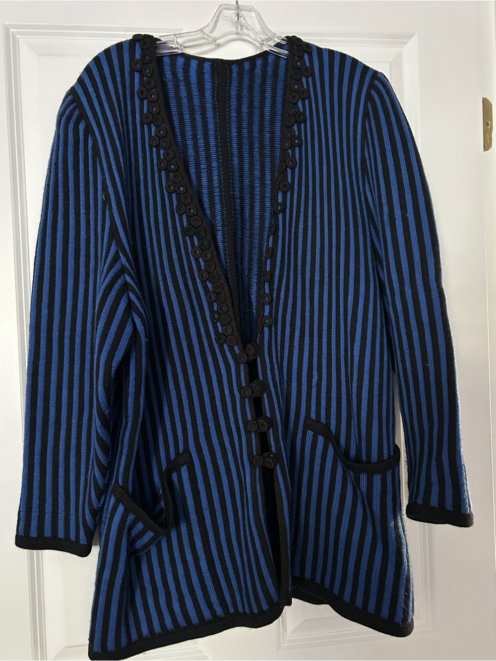 Vintage Blue and Black Striped Women's Cardigan Sweater